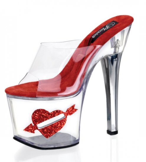 Women's 7 Inch Clear Hollow Platform Shoes with Clear Strap & Side Coin Slot with Heart Glitter
