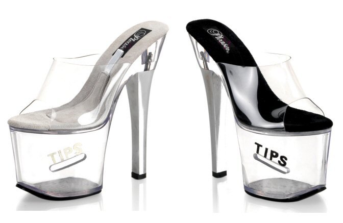 Women's 7 Inch Clear Hollow Platform Shoes with Clear Strap & Side Coin Slot with "Tips" Glitter