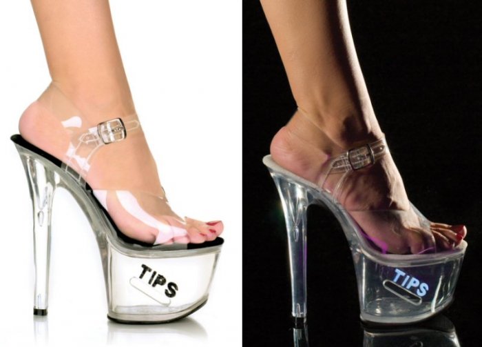Women's Clear Hollow Platform Shoes with Side Coin Slot and "Tips" Glitter