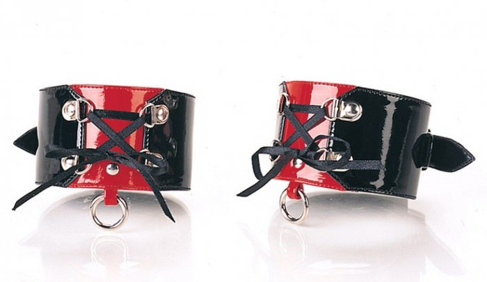 1 Pair Black & Red Ankle Cuff with Lace Up D-Ring Accent