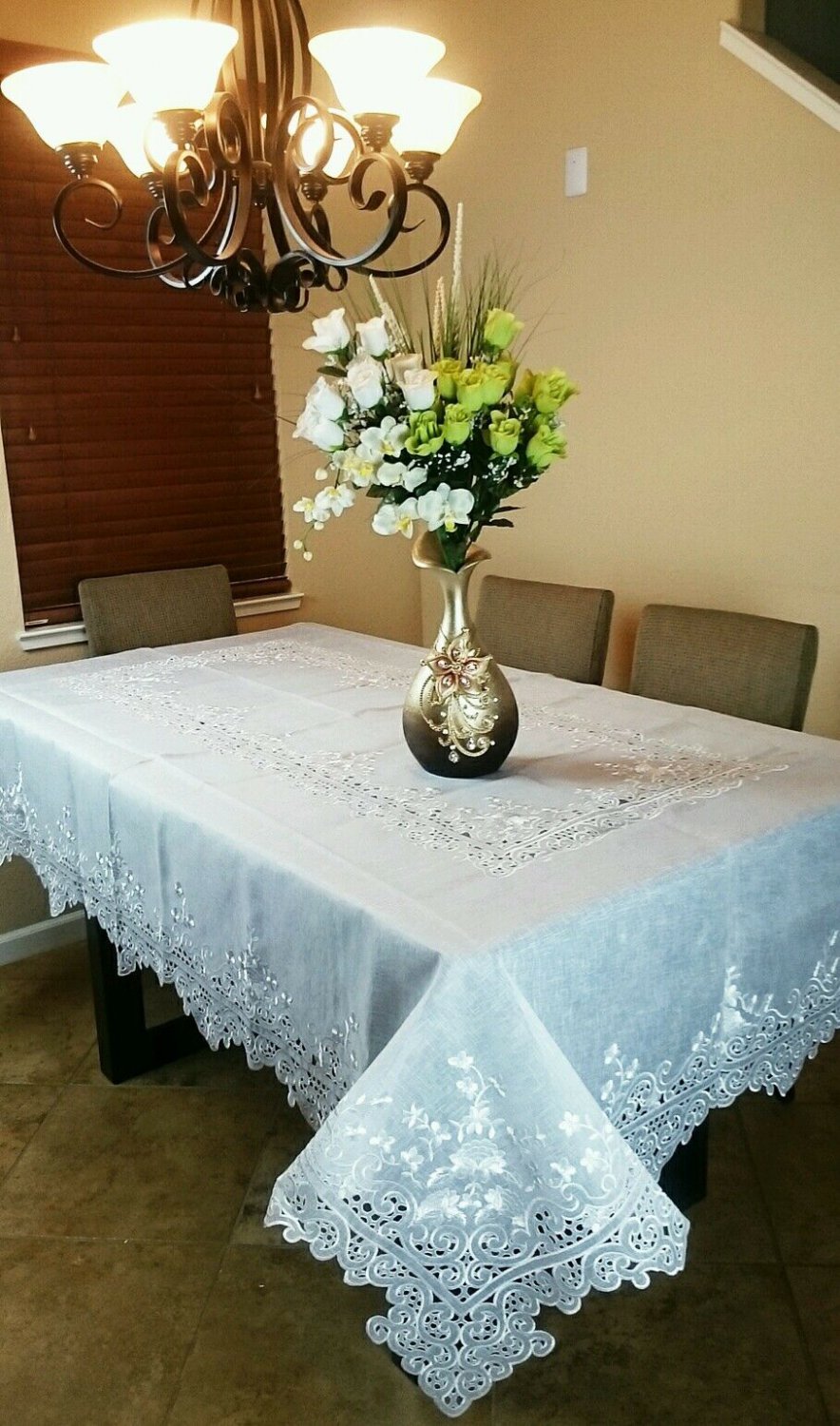 Elegantlinen Embroidered Embroidery Tablecloth with Napkins 72x90" White/Beige 