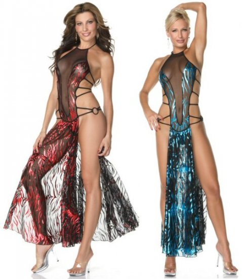 Metallic Flame Strappy Mesh Gown with Built in Panty