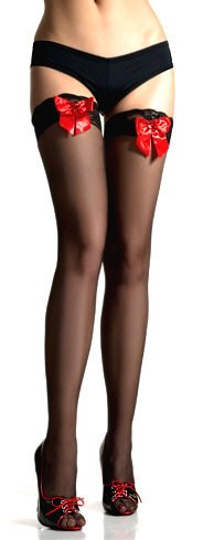 Sheer Lace Top Thigh Hi with Sequined Hearts & Satin Bows