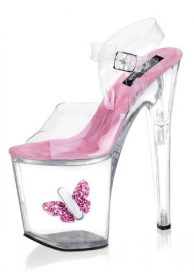 Women's 8 Inch Clear Hollow Platform Ankle Strap Shoes with Side Coin Slot & Glitter Butterfly