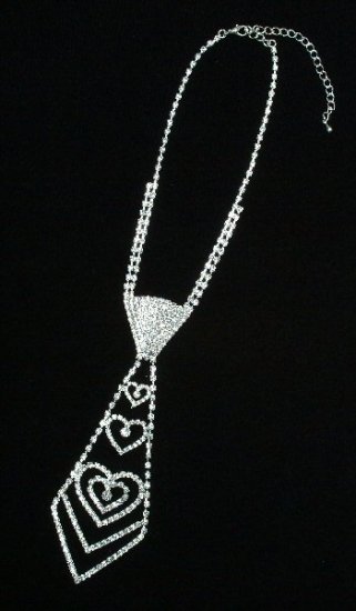Rhinestone Tie Necklace with Hearts Design