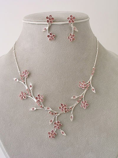 "Bridal Party" Designer Flower Necklace/Earring Set Pink Reg $49.99