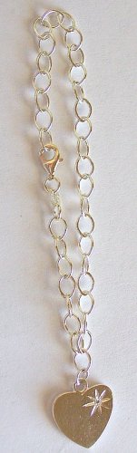 925 Sterling Silver Link Charm Bracelet W/Heart Diamond Charm New