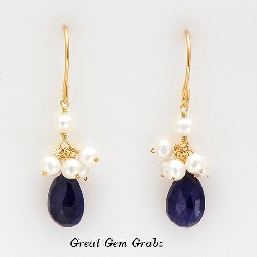 14K YG Pearl & 10.84 Ctw Genuine Blue Sapphire Earrings