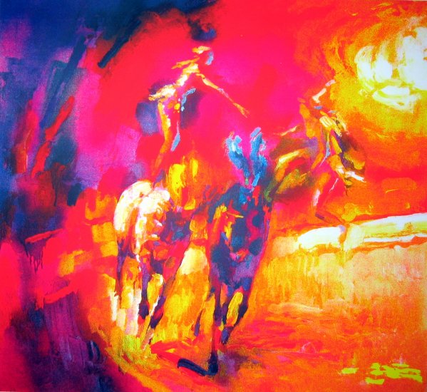 <strong>ACROBATS A CHEVAL</strong> by Nicola Simbari <br>(Serigraph - Acrylic on Paper)