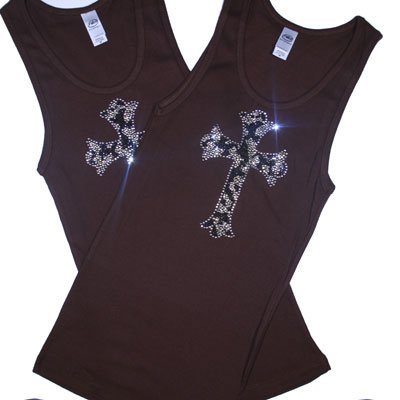 Crystal Design Fitted Tank / Brown with Leopard Cross
