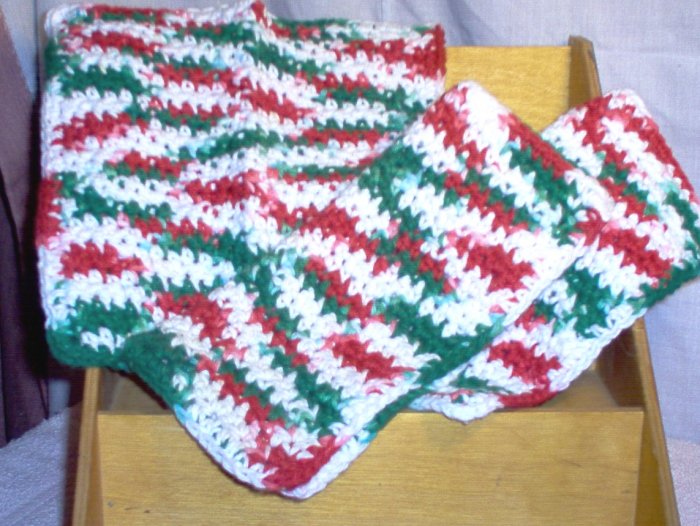 Christmas Red Green White Handmade Crocheted 100% Cotton Washcloth by The Village Craftsmith