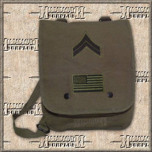 Map Case Shoulder Bag With Military Patches, OD Green