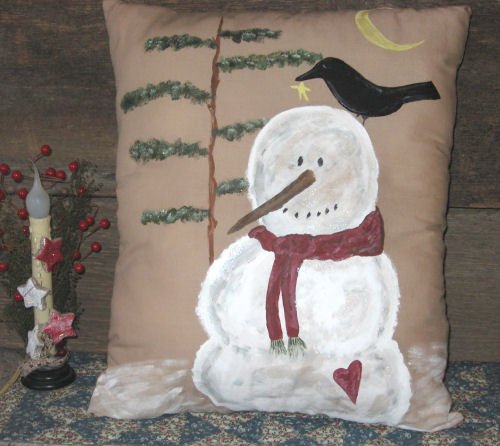 Primitive Snowman Crow Hand Painted Pillow