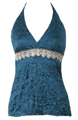 Sexy Gorgeous Teal Satin Crinkle Lace Halter Top - Large