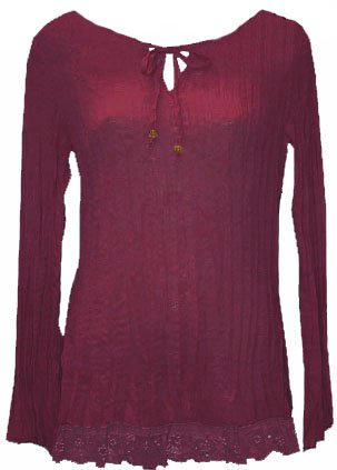 Burgundy Wine Boho Crinkle Pleated Lace Trim Top - Small