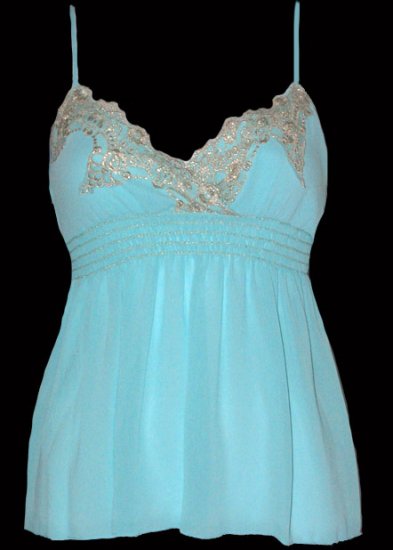 Sexy Goddess Aqua Chiffon Gold Lace Babydoll Top - Medium
