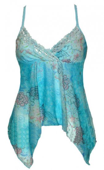 Blue Floral Watercolor Mesh & Lace Babydoll Top - Medium