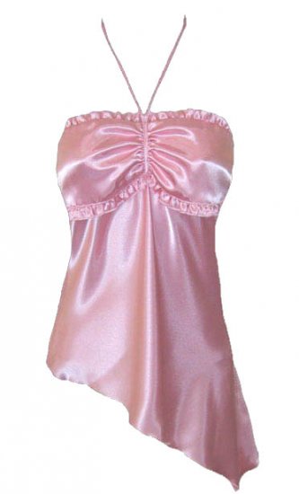 Sweet Pink Ruffle Satin Bandeau Halter Top - Small