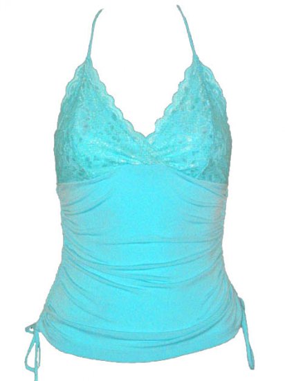 Sexy Luscious Blue Lace Ruched Halter Top - Large