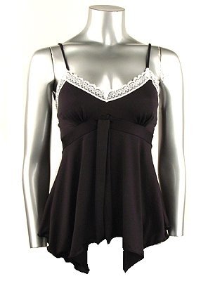 Black Lace Trim Stretch Knit Camisole Babydoll Top - Large