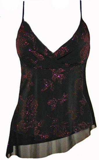 Sexy Vixen Black Fuschia Floral Sparkling Glitter Top - Medium