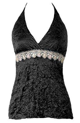 Sexy Gorgeous Black Satin Crinkle Lace Halter Top - Medium