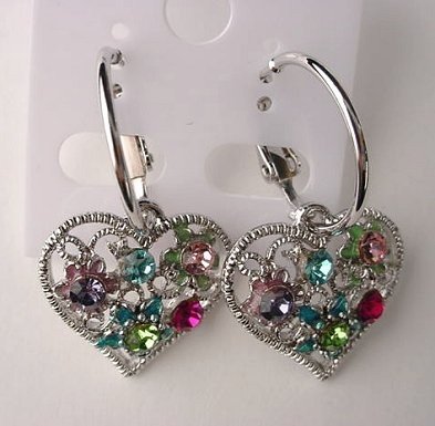Pretty Multicolor Crystal Heart Hoop Pierced Earrings
