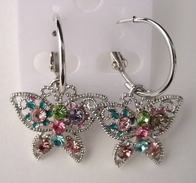 Pretty Multicolor Crystal Butterfly Hoop Pierced Earrings