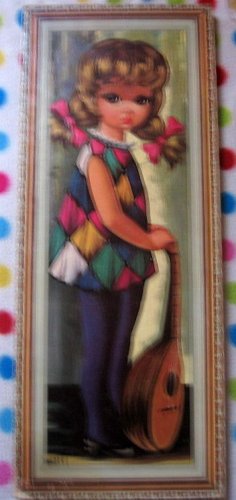 60s Harlequin Girl Mandolin Big Eye Sad Art Litho by Eden