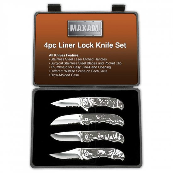 SKMX48/00: Maxam 4 pc Outdoorsman Knife Set -Wildlife Scenes