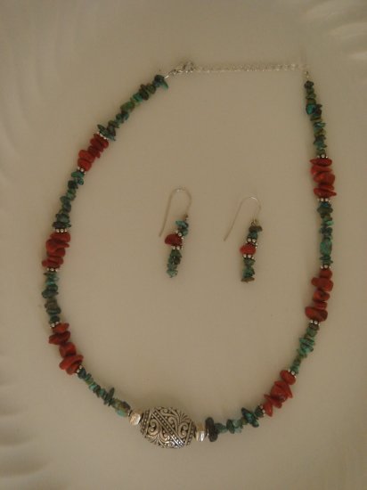 Turquoise & red Coral, sterling silver, necklace