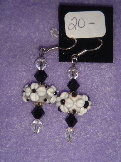 Black and white lampwork earrings with Swarovski crystals