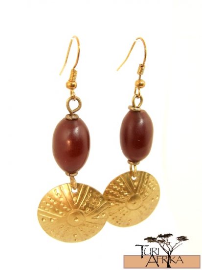 Product ID: 11 Small Brass Disk W/ Red Oval Kenyan Amber Earrings