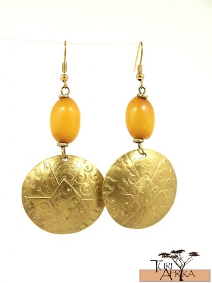 Product ID: 12 Brass Disk Earrings W/ Yellow Kenyan Amber