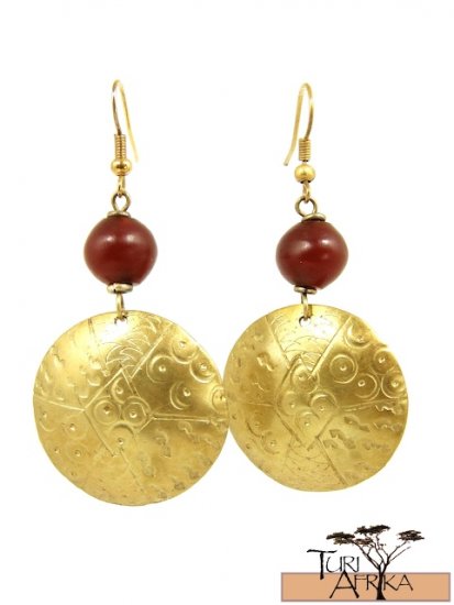 Product ID: 13 Brass Disk Earrings W/ Red Kenyan Amber