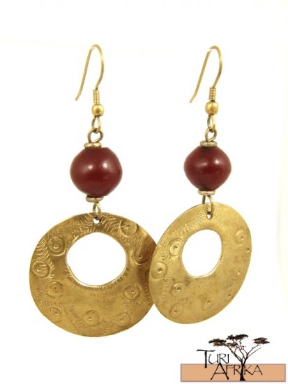 Product ID: 14 Brass Disk W/ Hole Earrings W/ Red Kenyan Amber