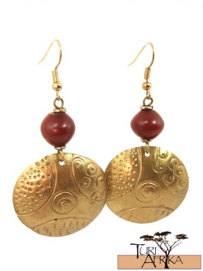 Product ID: 15 Brass Disk Earrings W/ Red Kenyan Amber