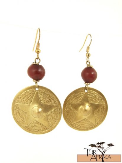 Product ID: 16 Brass Disk Earrings W/ Red Kenyan Amber
