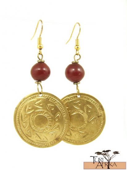 Product ID: 17 Brass Disk Earrings W/ Red Kenyan Amber