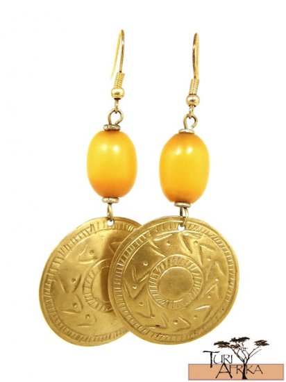 Product ID: 18 Brass Disk Earrings W/ Yellow Kenyan Amber