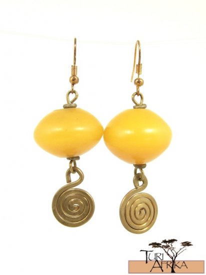 Product ID: 21 Brass Spiral Earrings W/ Yellow Kenyan Amber