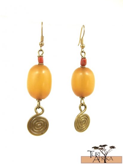 Product ID: 22 Small Brass Spiral Earrings W/ Yellow Kenyan Amber