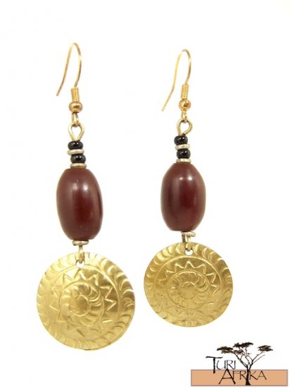 Product ID: 23 Brass Disk Earrings W/ Red Kenyan Amber