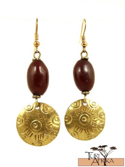 Product ID: 24 Brass Disk Earrings W/ Red Kenyan Amber