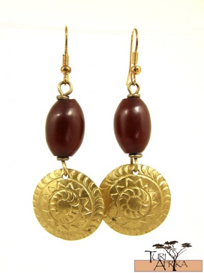 Product ID: 25 Brass Disk Earrings W/ Red Kenyan Amber