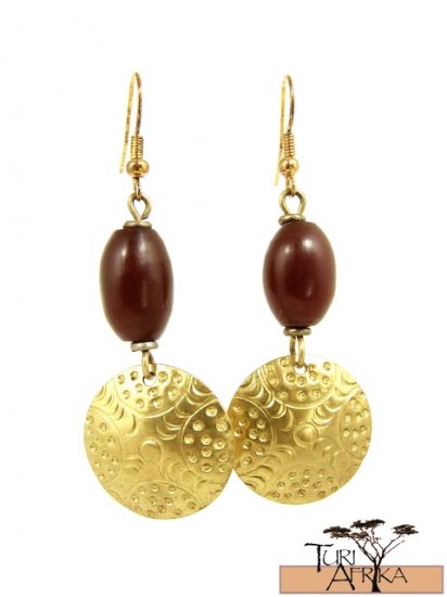 Product ID: 26 Brass Disk Earrings W/ Red Kenyan Amber