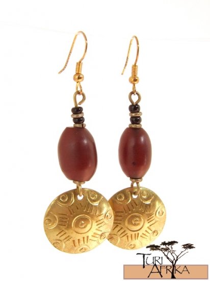 Product ID: 28 Brass Disk Earrings W/ Red Kenyan Amber