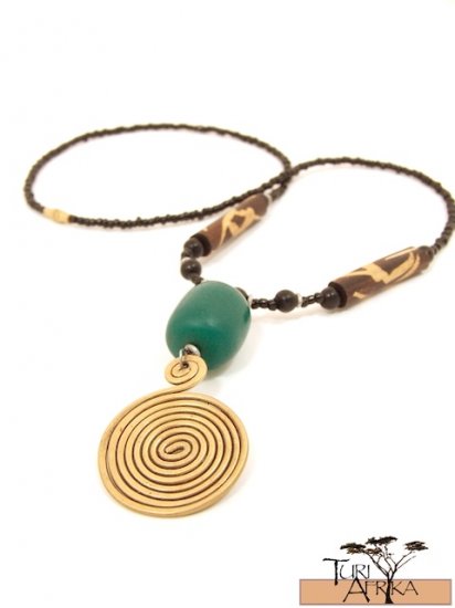 Product ID: 40 Large Brass Swirl Necklace with Green Kenyan Amber and Painted Wood Beads