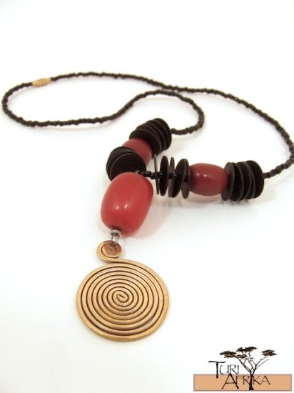 Product ID: 41 Large Brass Swirl Necklace with Red Kenyan Amber and Black Flat Coconut Disks