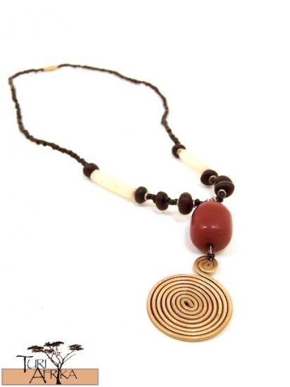 Product ID: 42 Large Brass Swirl Necklace with Red Kenyan Amber, Seeds and White Bone